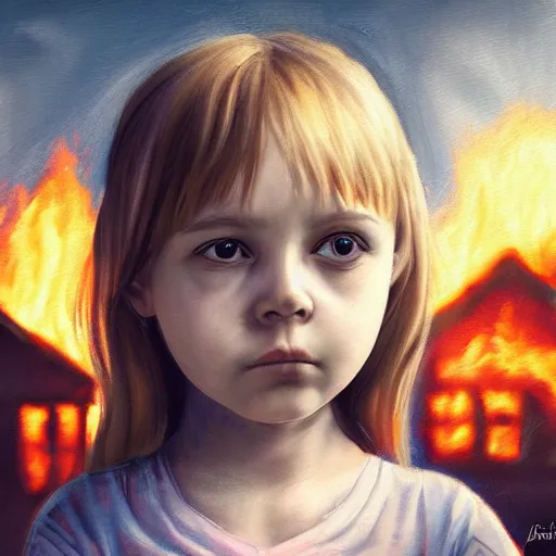 Prompt: detailed portrait of big - eyed nordic sweet little girl looking sad in front of burning house, artistic 4 k, trending on artstation, masterpiece