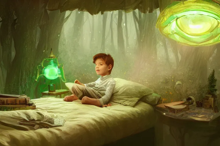 Prompt: beautiful illustration of a little boy on his bed dreaming about a beautiful green forest, intricate, elegant, glowing lights, highly detailed, digital painting, artstation, concept art, smooth, sharp focus, illustration, art by wlop, mars ravelo and greg rutkowski