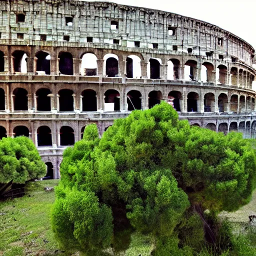 Prompt: a photo of the colosseum of Rome invaded by vegetation, even the surrounding areas of the city are invaded by trees and vegetation, everything seems abandoned, post-apocalyptic