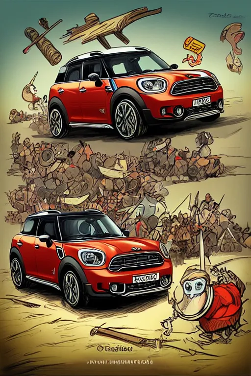 Prompt: “Poster of Mini Cooper Countryman Hybrid in the middle of viking battle. Retro cartoon caricature.”