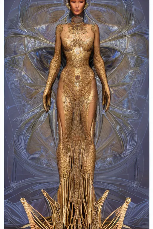 Image similar to a portrait of a beautiful ancient alien woman goddess bella hadid deity standing in iris van herpen dress in diamonds and fractals in style of alphonse mucha art nuvo dmt trending on artstation made in unreal engine 4