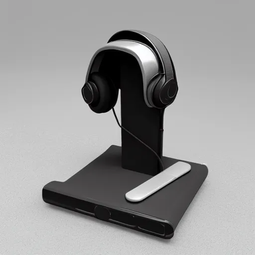 Image similar to headphone stand, futuristic, techno, cyberpunk, product design, 3 d render, 3 d concept, isometric design, fun, swag, cute