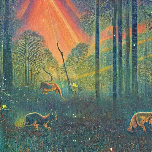 Image similar to psychedelic big cats lush pine forest, outer space, milky way, designed by arnold bocklin, jules bastien - lepage, tarsila do amaral, wayne barlowe and gustave baumann, cheval michael, trending on artstation, star, sharp focus, colorful refracted sparkles and lines, soft light, 8 k 4 k