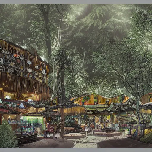 Image similar to maori tlingit forest bazaar, science fiction concept art