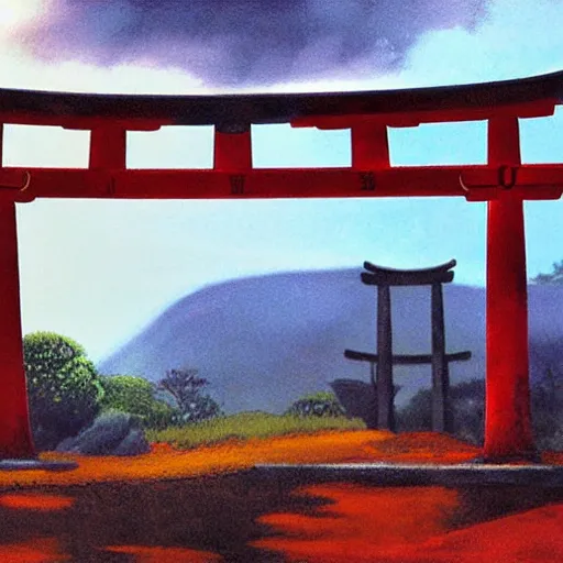 Prompt: a japanese landscape filled with torii arches, dawn, by enki bilal