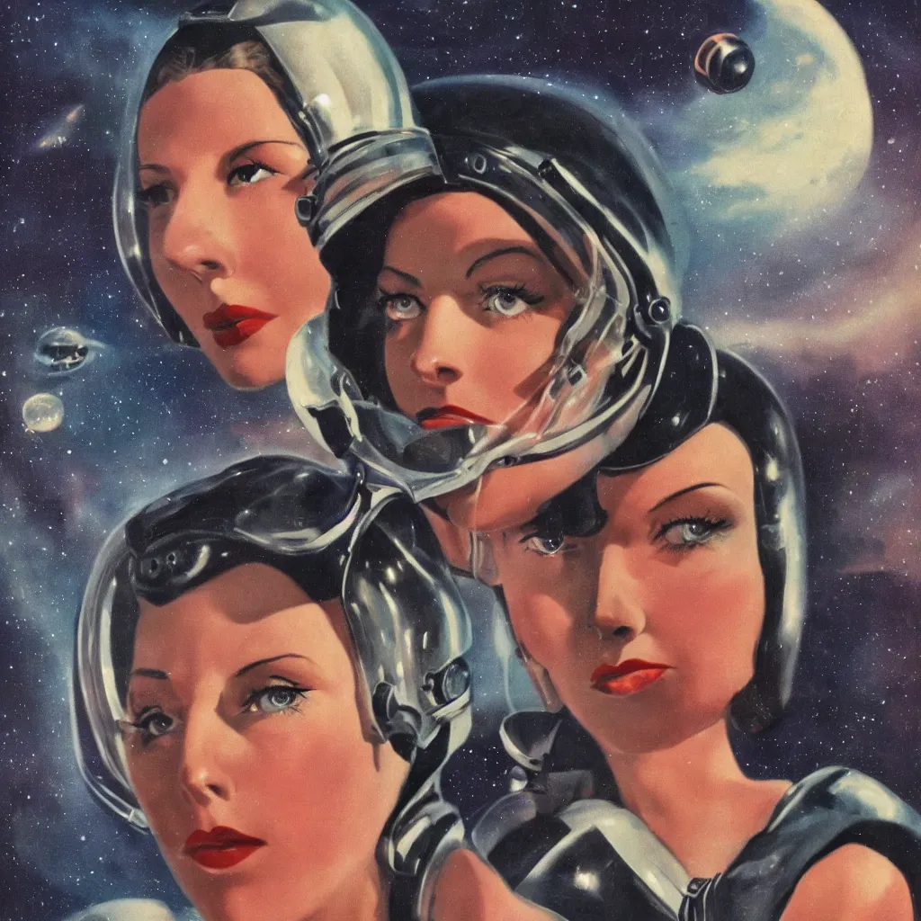 Image similar to 1940s Pulp Sci-fi style, closeup of a woman's face in a retro spacesuit with a dark and mysterious sky.