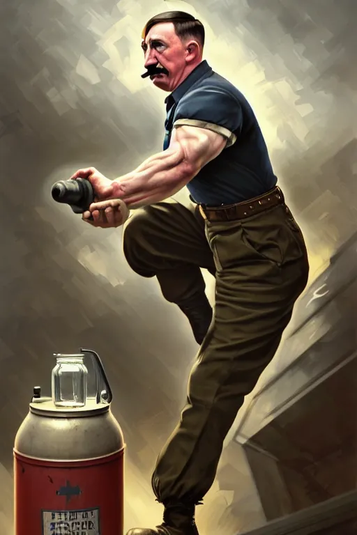 Image similar to clear portrait of adolf hitler benchpressing a big gas container, cottagecore!!, background hyper detailed, character concept, full body, dynamic pose, intricate, highly detailed, digital painting, artstation, concept art, smooth, sharp focus, illustration, art by artgerm and greg rutkowski and alphonse mucha