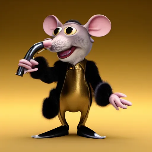 Image similar to 3d anthropomorphic rat, pixar, holding pistol, velvet, fur coat, high quality, expensive silk, gold detailing, fendi, high fashion