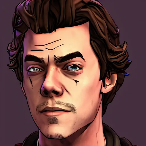 Image similar to harry styles portrait, borderlands, tales from the borderlands, the wolf among us, comic, cinematic lighting, studio quality, 8 k