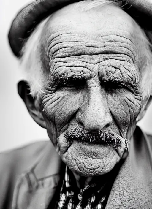 Prompt: A portrait photo of an old man with only one eye, high contrast, black and white