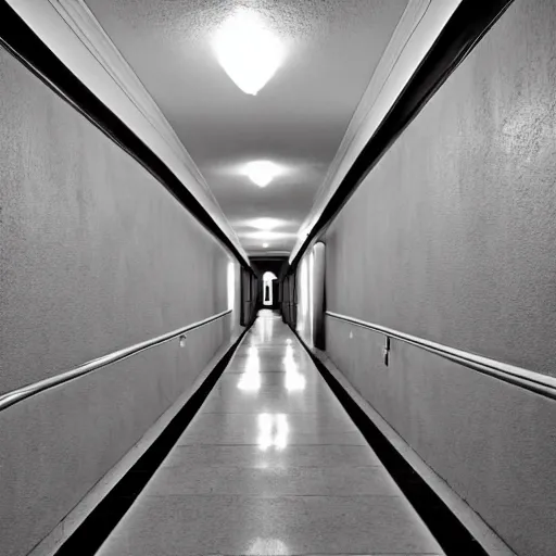 Prompt: a photo, five and a half minute hallway, at night, long hallway, surrealist