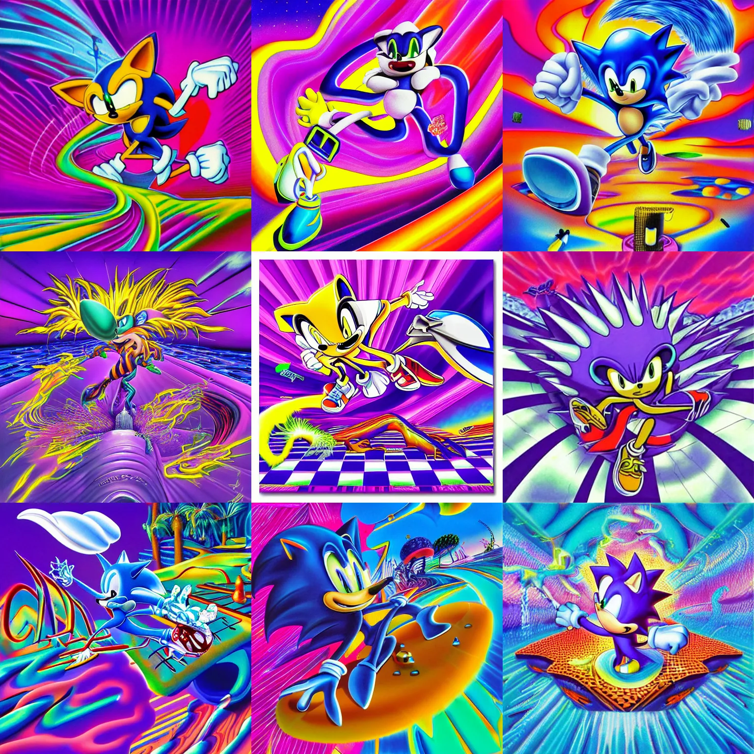 Prompt: surreal, sharp, detailed professional, high quality airbrush art mgmt album cover of a liquid dissolving airbrush art lsd dmt sonic the hedgehog surfing through cyberspace, purple checkerboard background, 1 9 9 0 s 1 9 9 2 sega genesis video game album cover