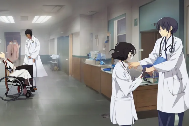 Prompt: a elegant female doctor wearing white coat are serving an old patient in a wheelchair in a hospital ward, slice of life anime, cinematic, realistic, anime scenery by Makoto shinkai