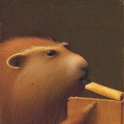 Image similar to capybara smoking a cigar, oil painting by leonardo da vinci