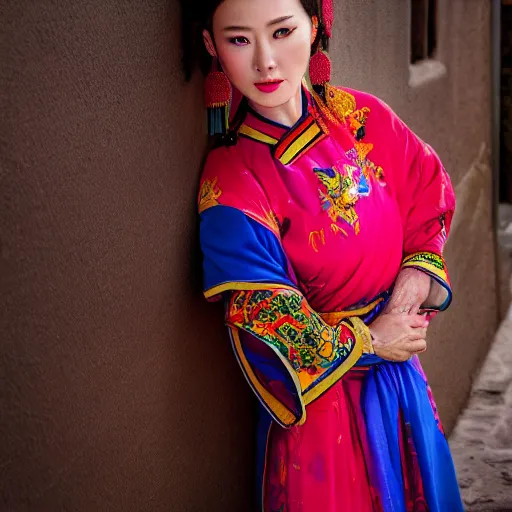 Prompt: photo portrait of chinese actress, beauty in traditional costume in real life by Steve McCurry, colorful, sharpen, 4k, 85mm, award winning, realistic