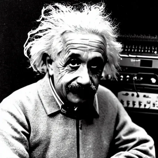 Image similar to photo of albert einstein as a dj behind the dj decks in the club with headphones on and in a cool pose