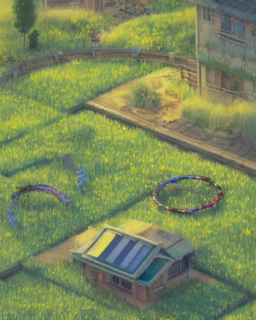 Prompt: detailed photo of small solarpunk house, fields of flowers, metal rings!!!!!, grassy, futuristic, 8 k, by studio ghibli, alena aenami, trending on deviantart, hyper detailed, beautiful lighting, epic environment