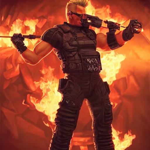 Prompt: full body shot of Duke Nukem 3D, handsome, flames in glasses, intricate, cinematic lighting, highly detailed, digital painting, concept art, smooth, sharp focus, illustration, art by Artgerm and Greg Rutkowski, Cgsociety 9