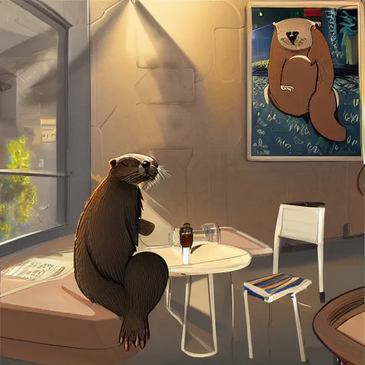 Image similar to anthropomorphic furry otter wearing cool clothes in a coffee shop, trending on art station, furaffinity, syd mead