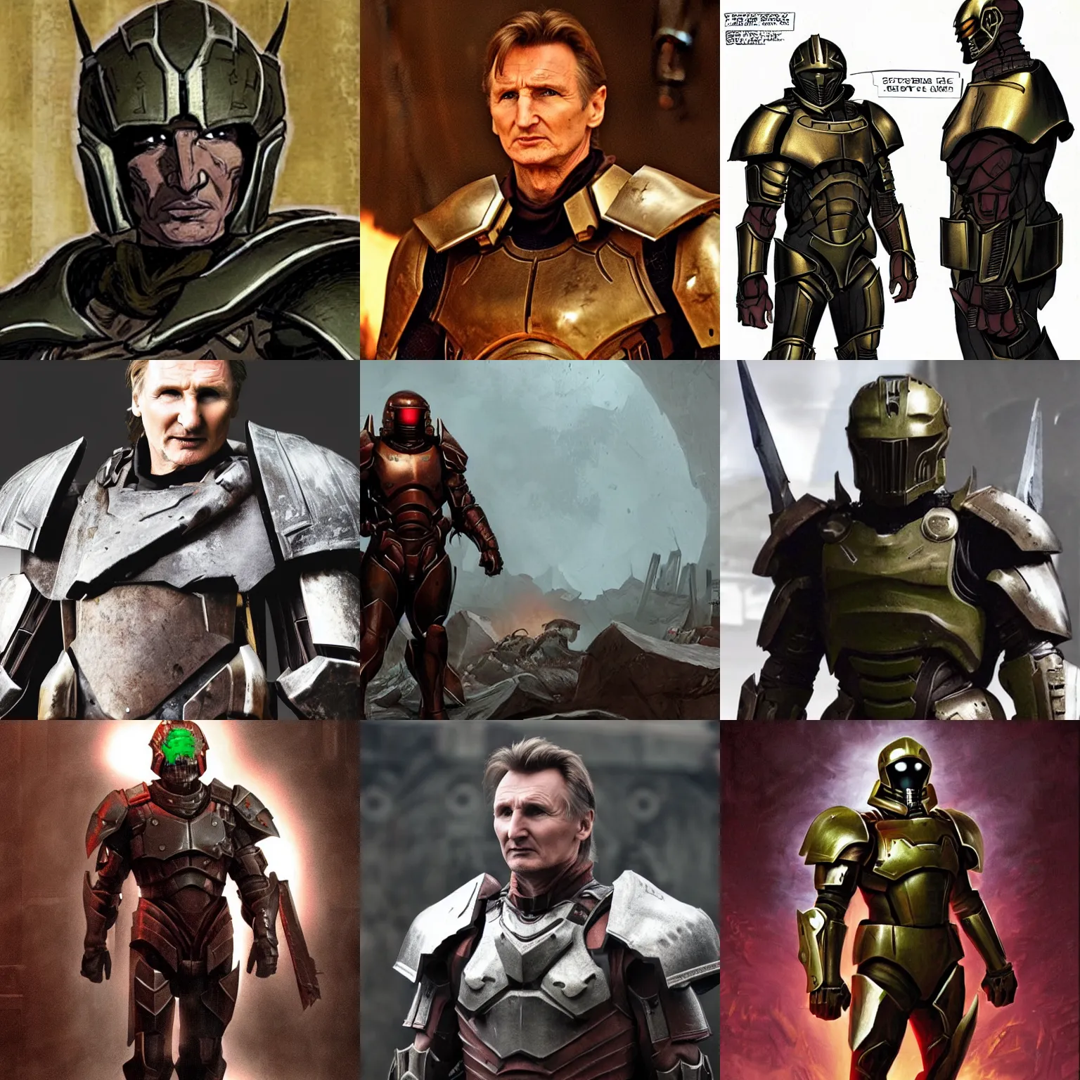 Prompt: liam neeson in doomslayer armor without a helmet