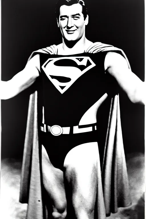 Image similar to rock hudson playing superman in, superhero, dynamic, 3 5 mm lens, heroic, studio lighting, in colour