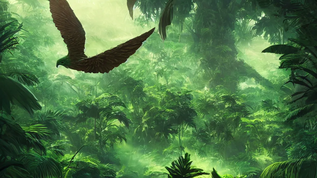 Image similar to giant green winged monster flying through a lush jungle, obscured by giant trees, by sylvain sarrailh, rossdraws, ambient light, ultra detailed, fantasy artwork, 8 k, volumetric lighting, trending on artstation, award winning, very beautiful.