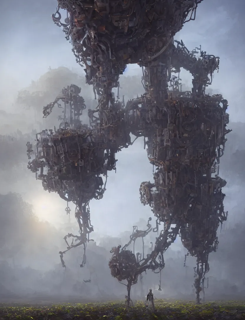 Image similar to a walking mechanical castle with legs, vines, pilar, hyperrealistic, highly detailed, cinematic, single ray of sun, fog, beautiful, cgssociety, artstation, 8 k, oil painting