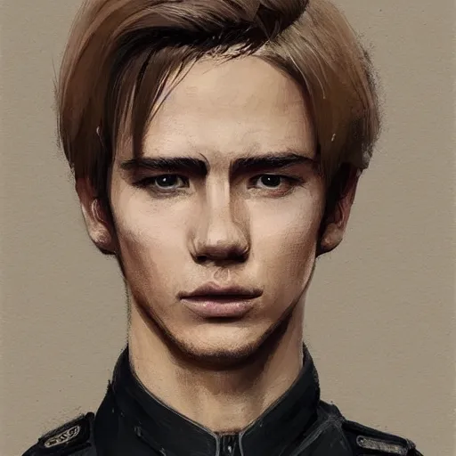 Image similar to Portrait of a man by Greg Rutkowski, he is about 20 years old, polish, short blonde hair with bangs, attractive, smart looking, slim, somewhat androgenic, he is wearing a white and black utilitarian jumpsuit, highly detailed portrait, scifi, digital painting, artstation, concept art, smooth, sharp foccus ilustration, Artstation HQ