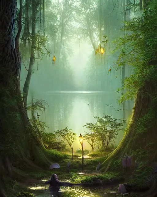 Image similar to a huge magical pond surrounded by a dense forest of crooked trees, roots reaching out to the water, fireflies, deep focus, d & d, fantasy, intricate, elegant, highly detailed, digital painting, artstation, concept art, matte, sharp focus, illustration, hearthstone, art by greg rutkowski and alphonse mucha and andreas rocha