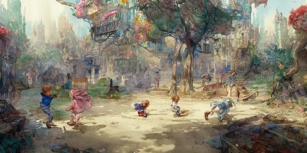 Prompt: a beautiful insanely detailed intricate watercolor illustration of childs playing in a playground, colorfull, by william turner art, by greg rutkowski, by james jean, by rossdraws, by frank franzzeta, by sakimichan, by edmund dulac, trending on artstation, insanely detailed, masterpiece,