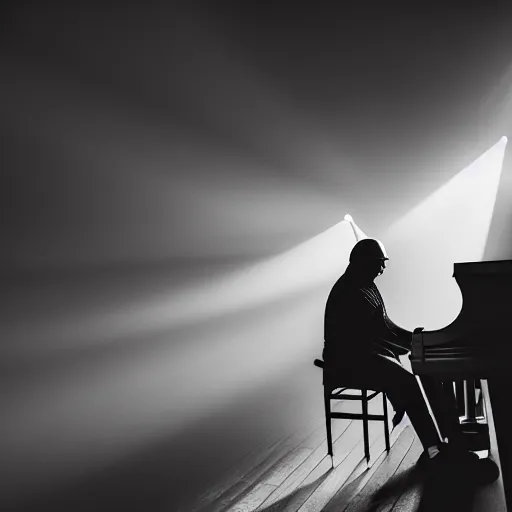 Prompt: stevie wonder sitting at a piano playing music. studio lighting, mood, god rays through fog..