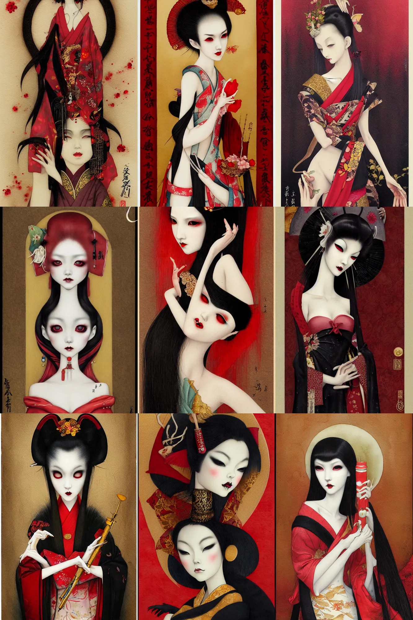 Prompt: watercolor painting of a japanese bjd geisha vampire with a long neck by tom bagshaw, amy sol, mark ryden in the style of thoth tarot card, dark - fantasy, red, gold black