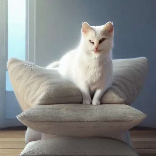 Image similar to a beautiful painting of a blonde cat sitting on a fluffy pillow in a big chair by Aaron Blaise and blizzard entertainment, highly detailed, trending on artstation, unreal engine, octane render, 4k