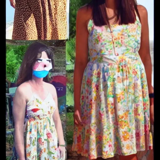Image similar to a collage age women. wearing cult mask. skinny. sun dress.