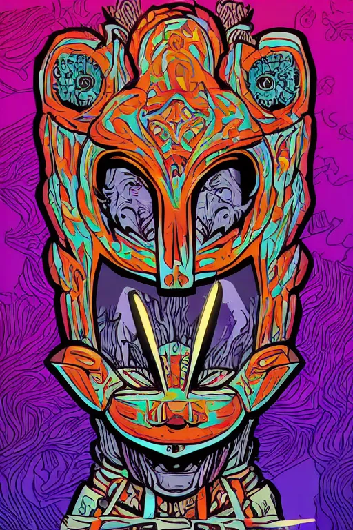 Image similar to animal mask totem roots flower tribal feather gemstone plant wood rock shaman vodoo video game vector cutout illustration vivid multicolor borderlands comics by josan gonzales and dan mumford radiating a glowing aura