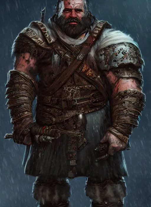 Image similar to A fantasy comic book style portrait painting of a brutal grim warrior dwarf in a atmospheric dark fortress, unreal 5, DAZ, hyperrealistic, octane render, RPG portrait, ambient light, dynamic lighting