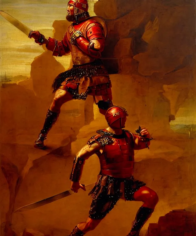 Image similar to renaissance painting of muscular roman soldier with sword by simon bisley and greg rutkowski, full body armor! dynamic battle pose, vivid red and gold color scheme, cinematic atmospheric lighting