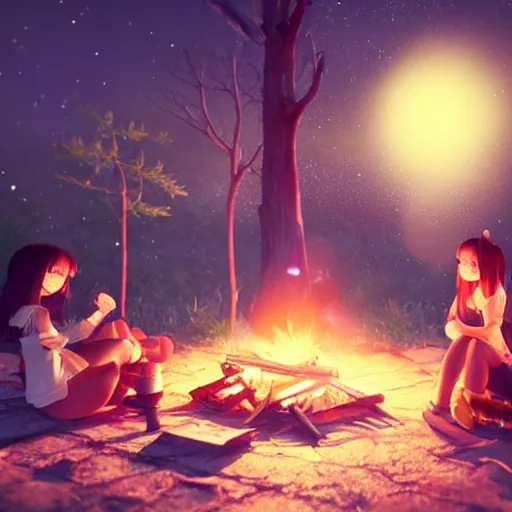 Romantic Anime Couple by a Campfire