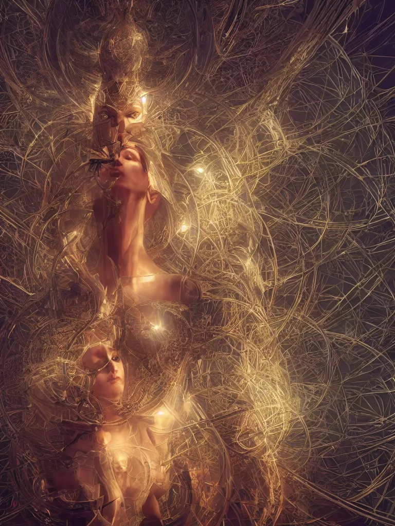 Prompt: a photo of her a mystical goddess woman covered in modular synthesizer parts surrounded by sacred geometry made from elven architecture, full body, perfect face, powerful, cinematic, beautifully lit, by ross tran, by karol bak, 3 d, octane render, 8 k