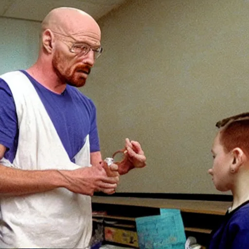 Prompt: walter white teaching kids about meth, classroom, children, jesse pinkman, school.