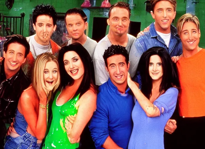 Image similar to the cast of friends getting slimed by nickelodeon