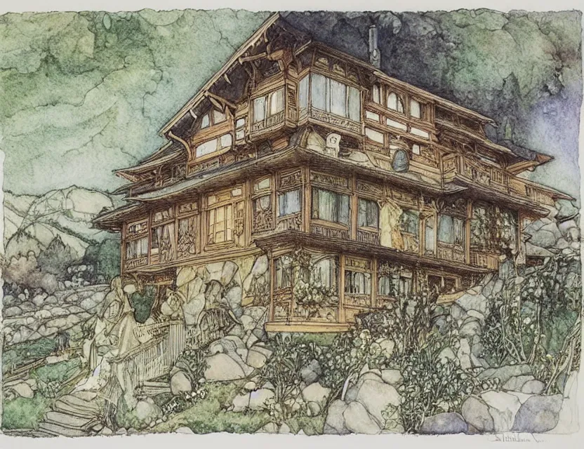 Image similar to a detailed, intricate watercolor and ink illustration with fine lines of the view from the river of an art nouveau swiss chalet, by arthur rackham and edmund dulac and lisbeth zwerger