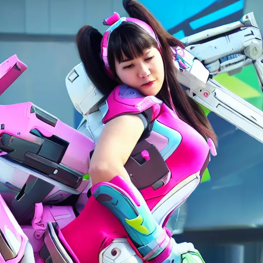 Image similar to D.Va from Overwatch taking a nap on top of her Meka