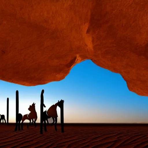 Image similar to desert at night filled with centaurs, tall white tower in the background, HD,