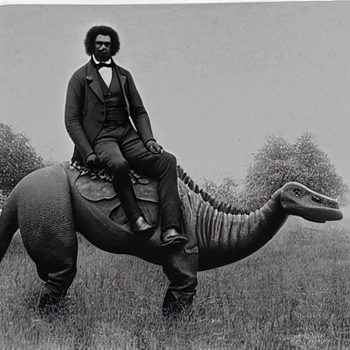 Prompt: vintage 1800s photograph of Frederick Douglass riding on the back of a dinosaur in a field, 8k, highly intricate, highly detailed,