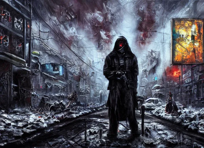 Prompt: An apocalyptic cyberpunk horror, dramatic, cinematic, oil painting, snow, neo-gothic