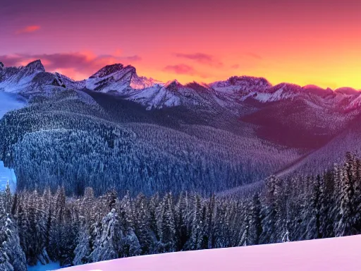 Image similar to a calm, soothing and cozy landscape, snowy mountains, sunset, panorama view, 4 k