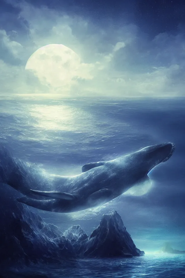 Prompt: a crystal whale peeking out of the blue sea, a full moon illuminating the sea in the dark night, the stars shining, a dreamy crystal atmosphere ， super wide angle ， matte painting ， rtx on ， trending on cgsociety and artstation, volumetric light ， surreal