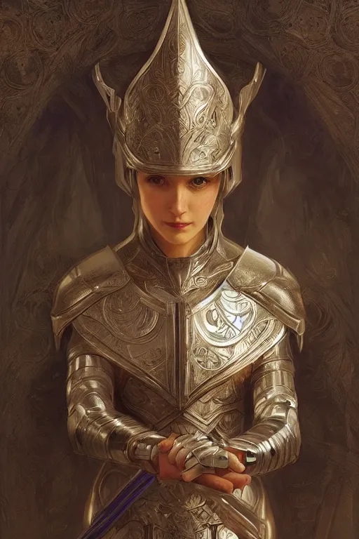 Image similar to a female knight in intricate armor, intricate, elegant, highly detailed, digital painting, artstation, concept art, smooth, sharp focus, illustration, art by artgerm and greg rutkowski and alphonse mucha and william - adolphe bouguereau