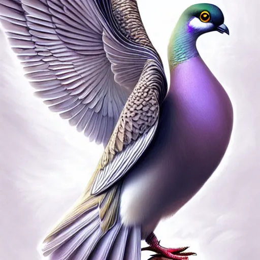 Prompt: Ethereal majestic Pigeon, royal bird, intricate detail, ornate, conceptual art, soft light, dynamic, art by artgerm